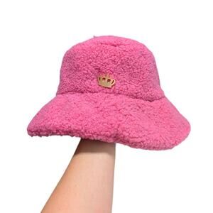 Juicy Couture Fuzzy Sherpa Bucket Hat Hot Pink Crown Embellishment Fleece Y2K